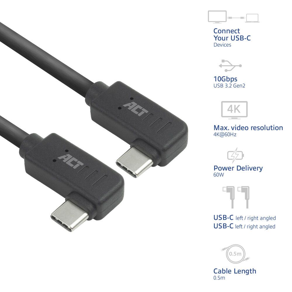 ACT USB 3.0 60W USB Type-C (left/right angled) to USB Type-C (left/right angled) Cable 0,5m Black