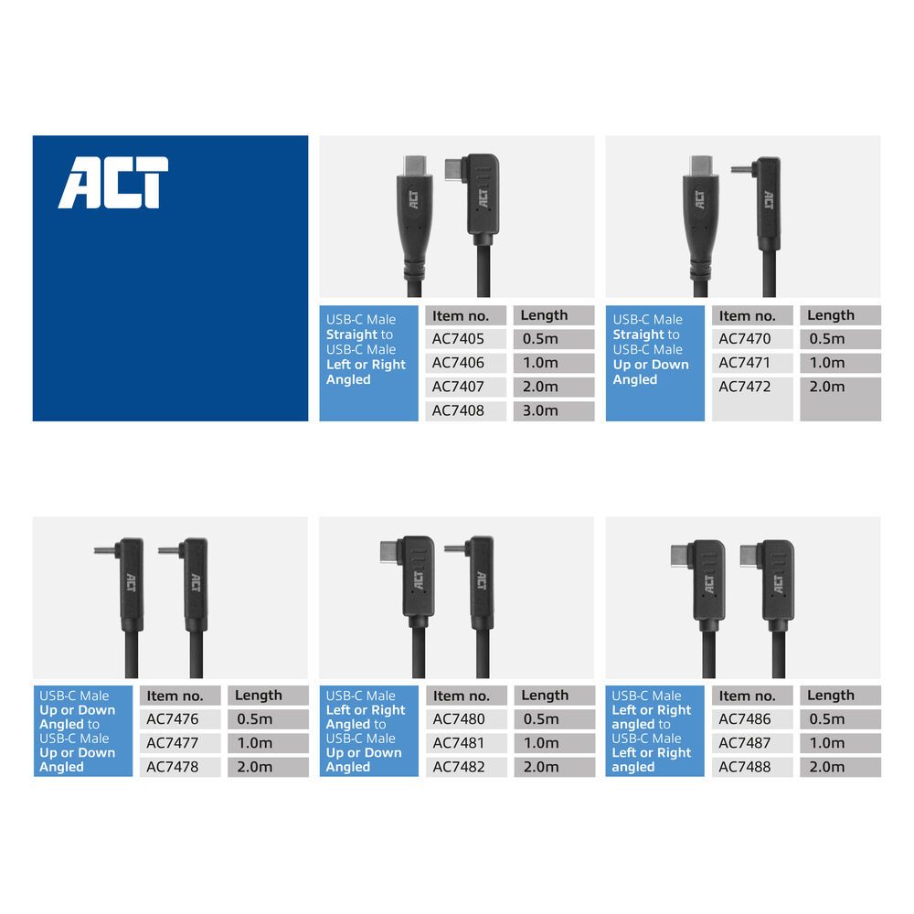 ACT USB 3.0 60W USB Type-C (left/right angled) to USB Type-C (left/right angled) Cable 0,5m Black