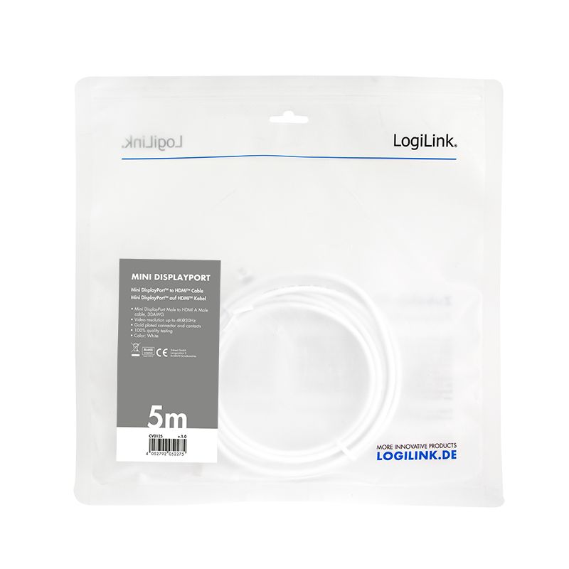 Logilink DisplayPort mDP/M to HDMI-A/M 4K/30 Hz cable 5m White