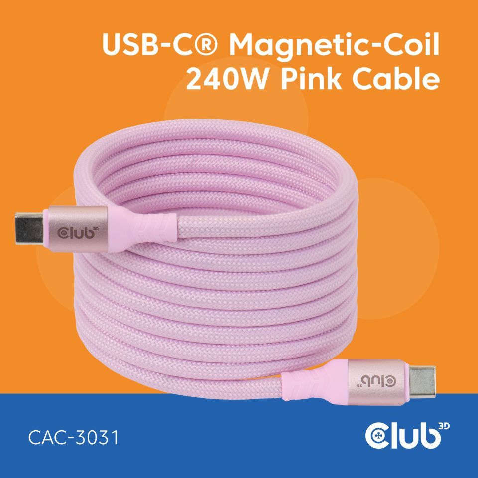 Club3D CAC-3031 USB-C Magnetic-Coil 240W Cable 2m Pink