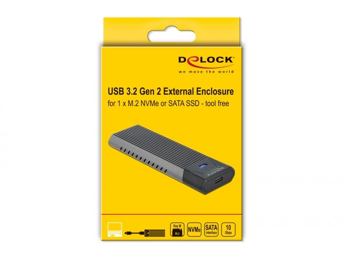 DeLock External USB Type-C Combo Enclosure for M.2 NVMe PCIe or SATA SSD - tool free