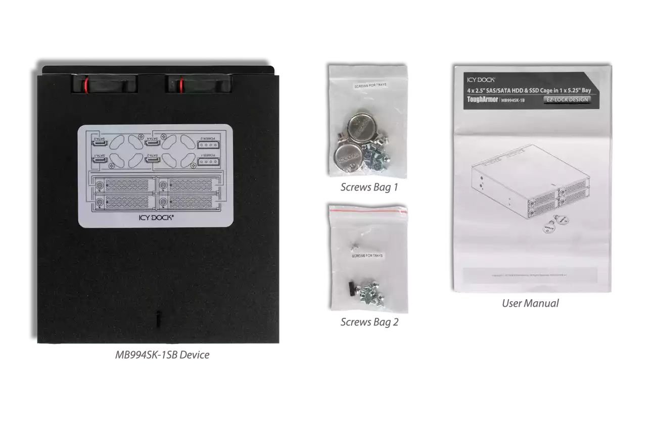 IcyDock ToughArmor MB994SK-1B Rugged Full Metal 4 Bay 2.5” SATA/SAS HDD & SDD Backplane Cage with locking Trays for External 5.25