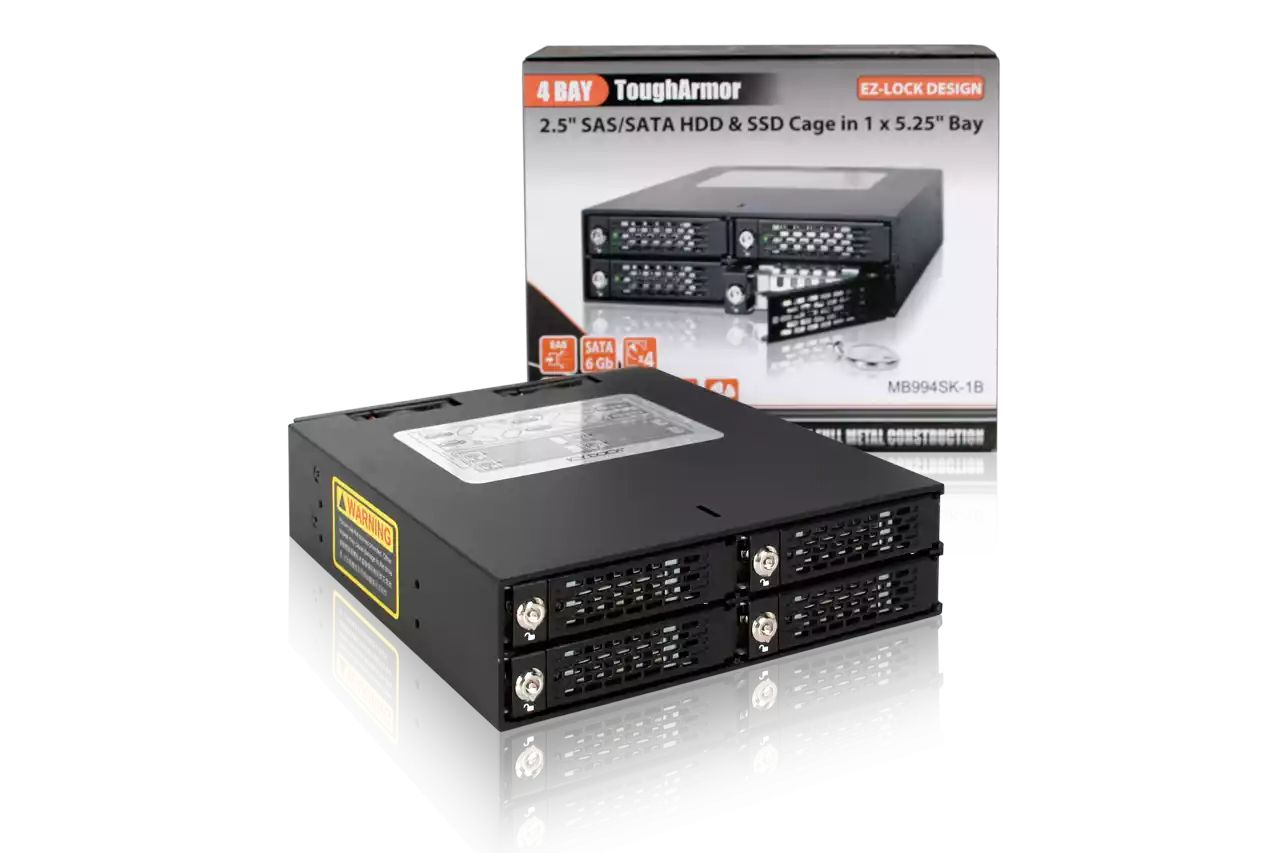 IcyDock ToughArmor MB994SK-1B Rugged Full Metal 4 Bay 2.5” SATA/SAS HDD & SDD Backplane Cage with locking Trays for External 5.25