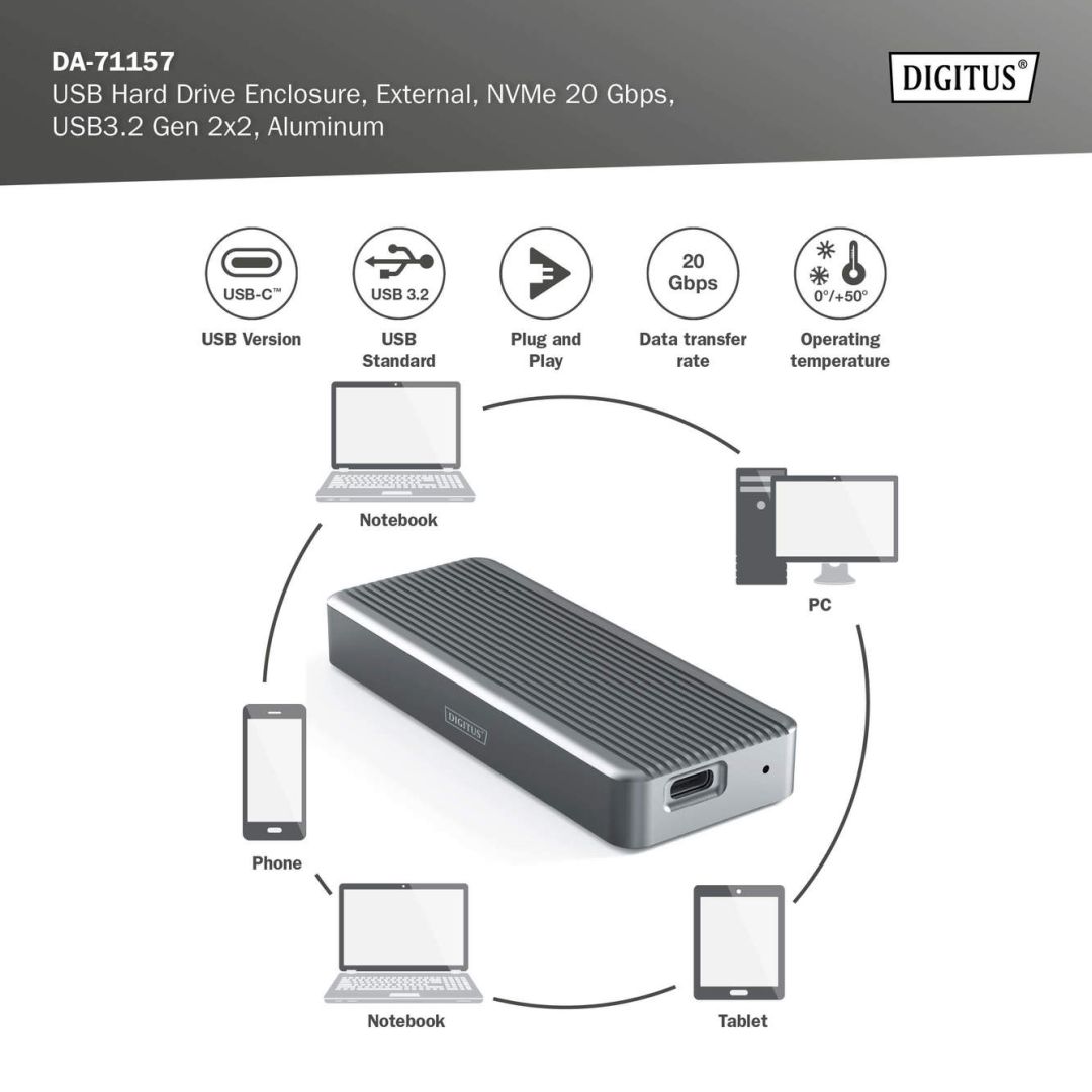 Digitus USB M.2 hard disk enclosure SSD external NVMe  20Gbps USB 3.2 Gen2x2 aluminum