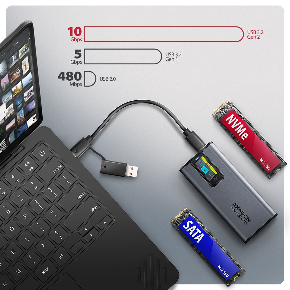 AXAGON EEM2-SD2 USB-C 10Gbps – M.2 NVMe & SATA SSD Display Box
