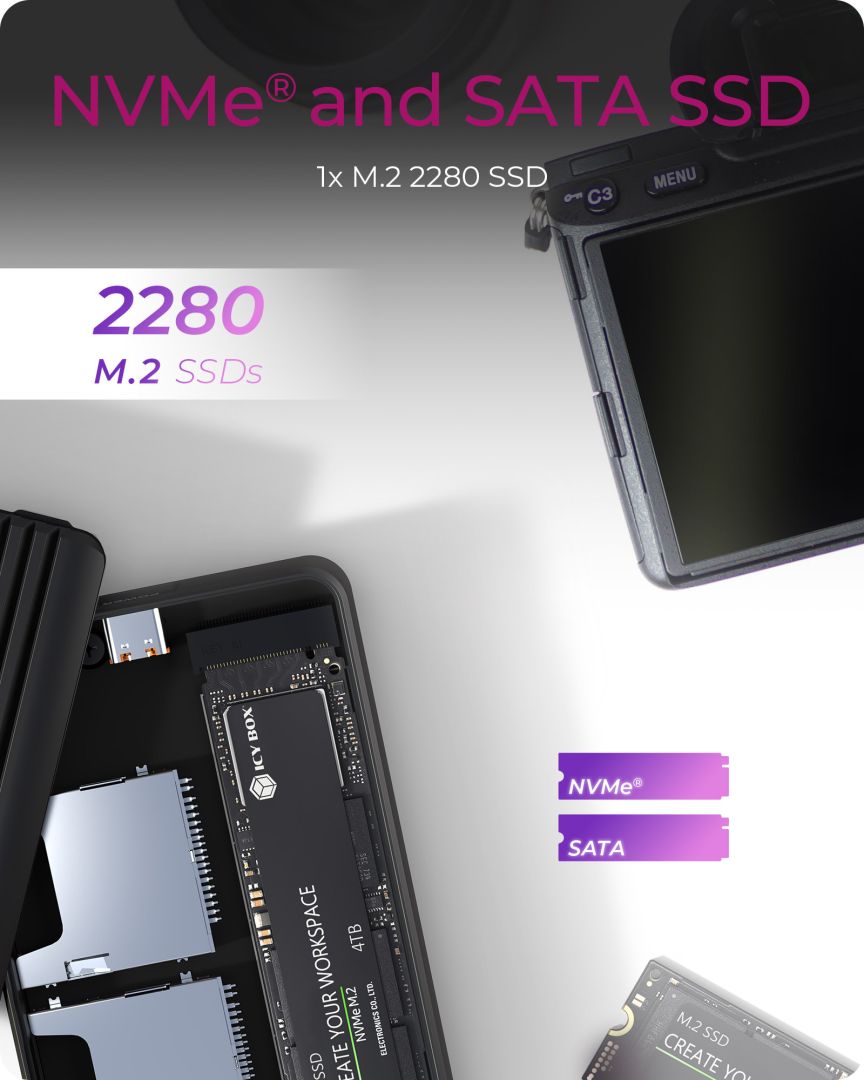 Raidsonic IcyBox IB-CR602M-C31 M.2 SSD Enclosure for M.2 NVMe & SATA SSD with dual SD 4.0 card reader