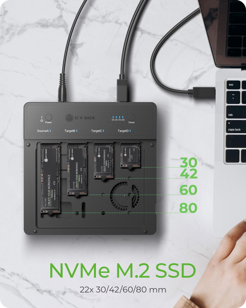 Raidsonic IcyBox IB-4013MCL-C4 4-Bays USB4 Docking & CloneStation (1:3 clone) for NVMe M.2 SSD
