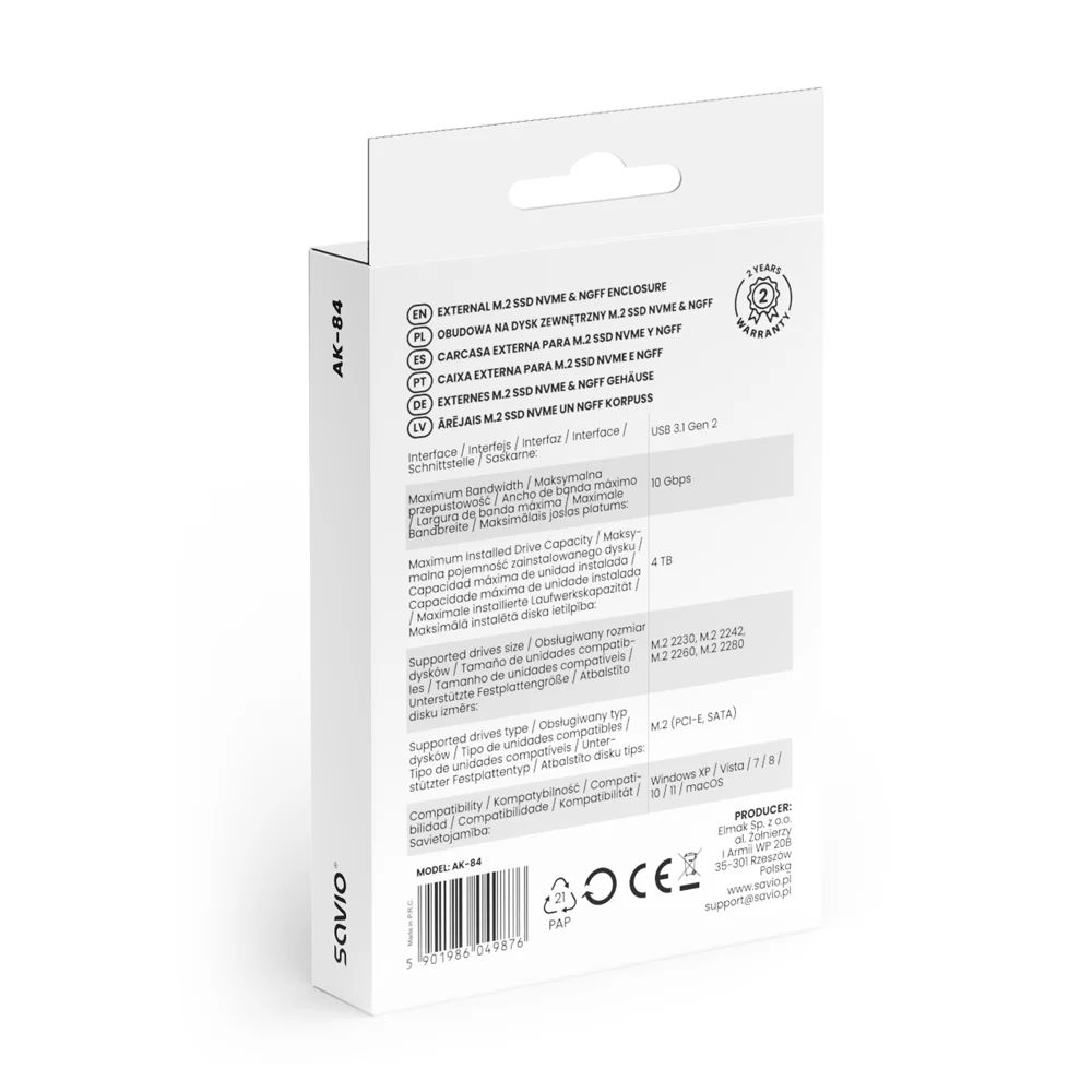 Savio AK-84 External M.2 SSD NVMe & NGFF enclosure Black