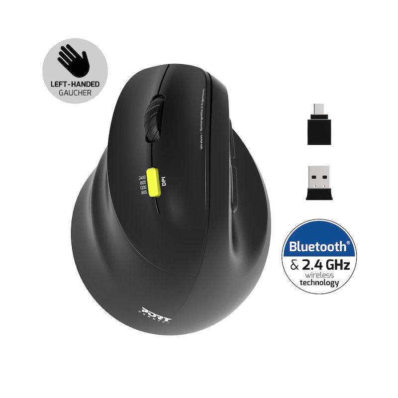 Port Designs Left-hand 2.4 GHz Bluetooth rechargeable Ergo Mouse Black