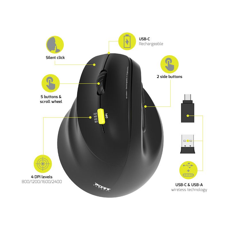 Port Designs Left-hand 2.4 GHz Bluetooth rechargeable Ergo Mouse Black
