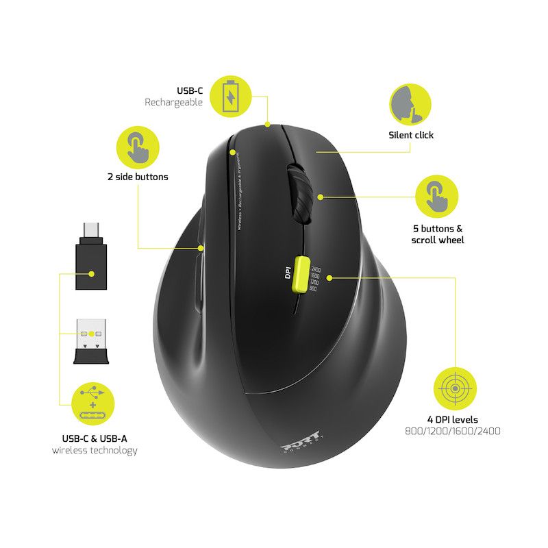 Port Designs Right-hand 2.4 GHz Bluetooth rechargeable Ergo Mouse Black