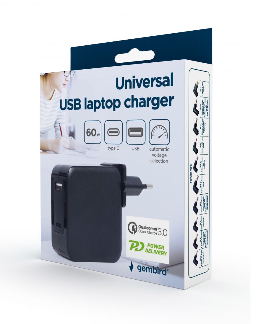 Gembird NPA-PD60-01 5-20V / 4,5A 60W univerzális hálózati notebook töltő