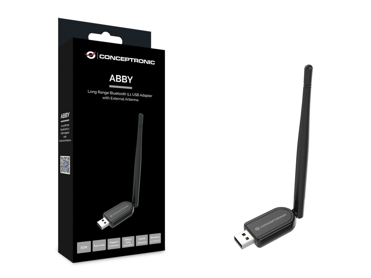 Conceptronic  ABBY07B Long Range Bluetooth 5.1 USB Adapter with External Antenna Black