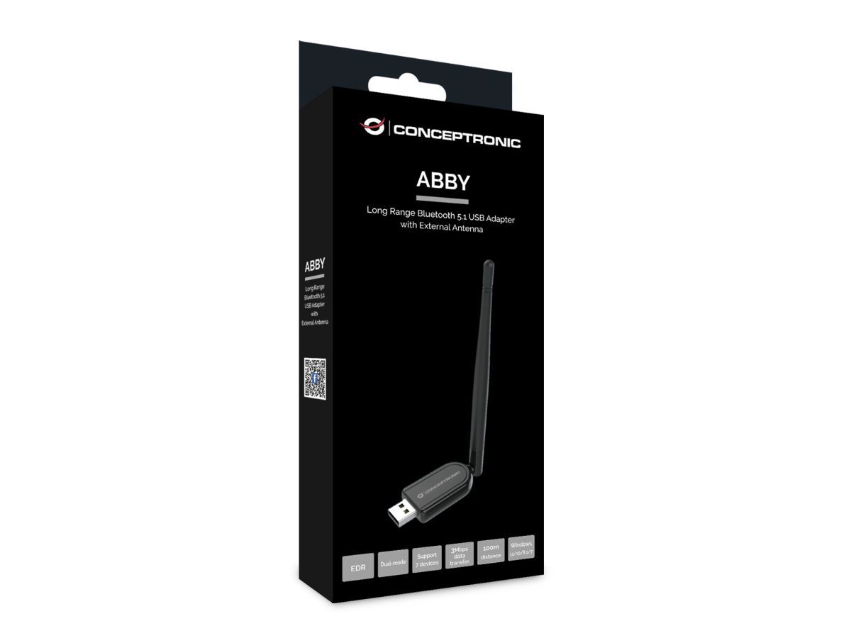 Conceptronic  ABBY07B Long Range Bluetooth 5.1 USB Adapter with External Antenna Black