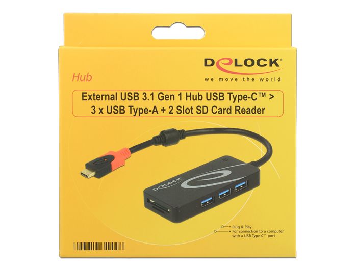 DeLock External USB 3.1 Gen 1 Hub USB Type-C > 3xUSB Type-A + 2Slot SD Card Reader Black