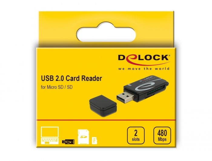 DeLock Mini USB 2.0 with SD and Micro SD Slot Card Reader Black