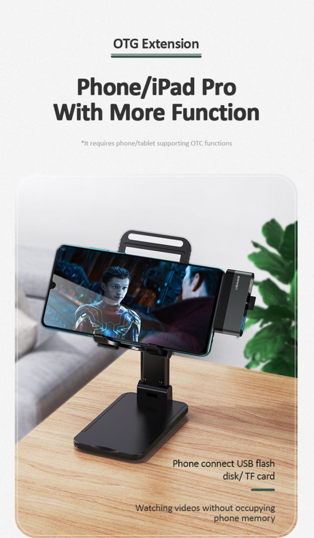 Usams SJ463HUB01 3-port Type-c mini Hub Card Reader Black