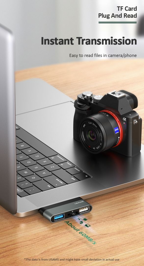 Usams SJ463HUB01 3-port Type-c mini Hub Card Reader Black