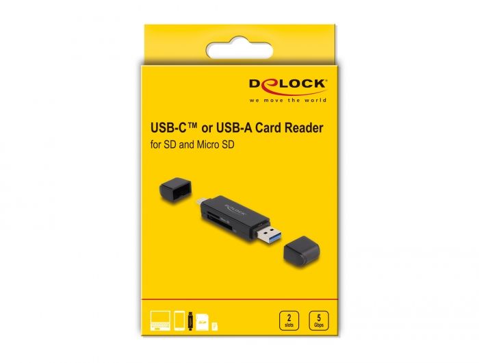 DeLock Card Reader SuperSpeed USB 5 Gbps USB Type-C / Type-A for SD and Micro SD memory cards