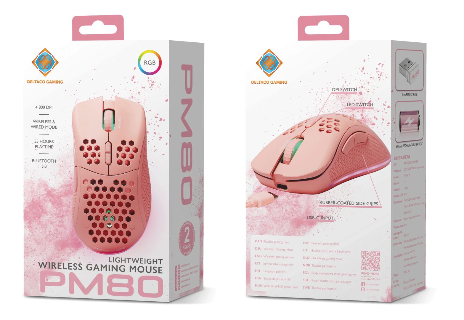 Deltaco GAM-120 PM80 Wireless Lightweight Gaming Mouse Pink
