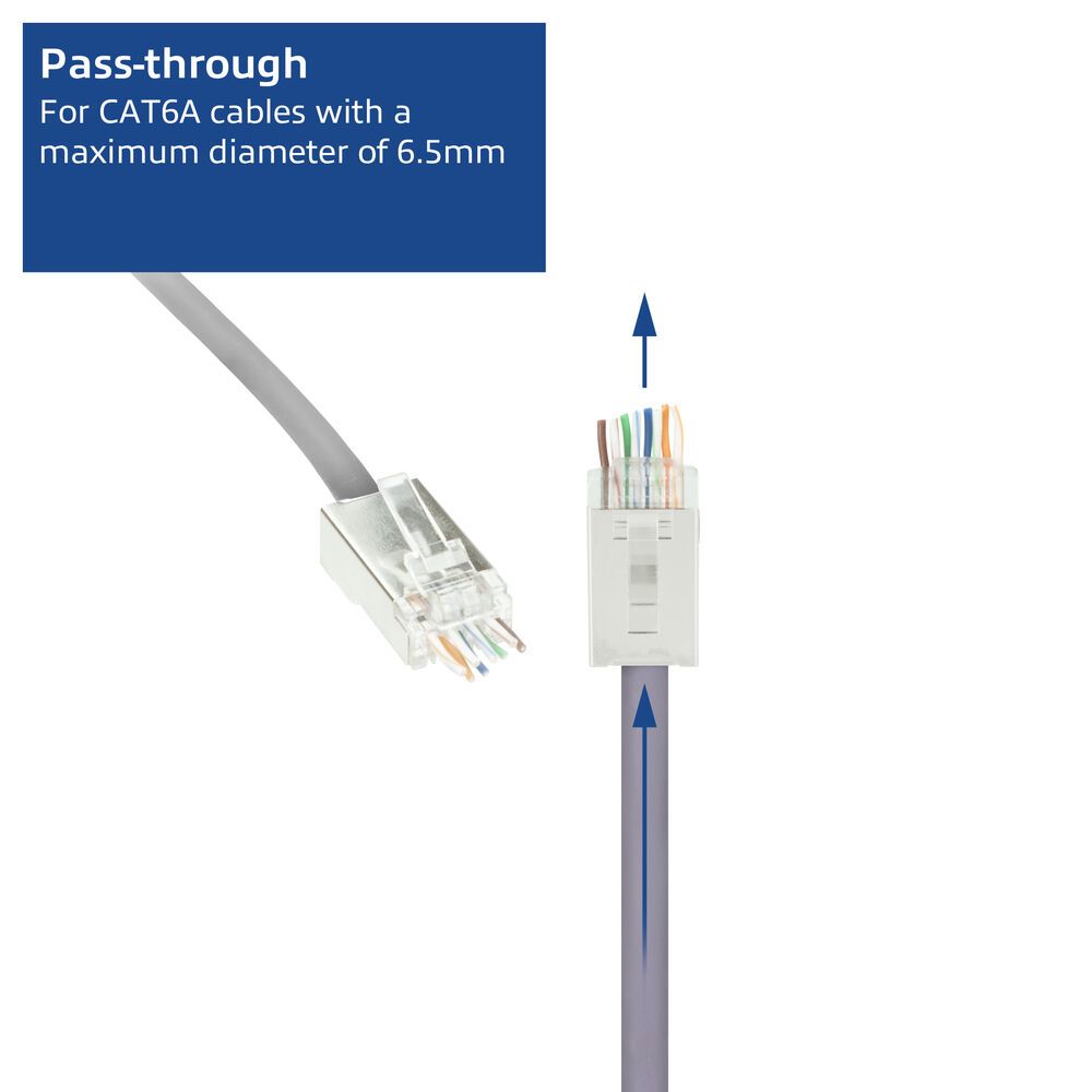 ACT CAT6A pass-through shielded modular RJ45 connector (25db)