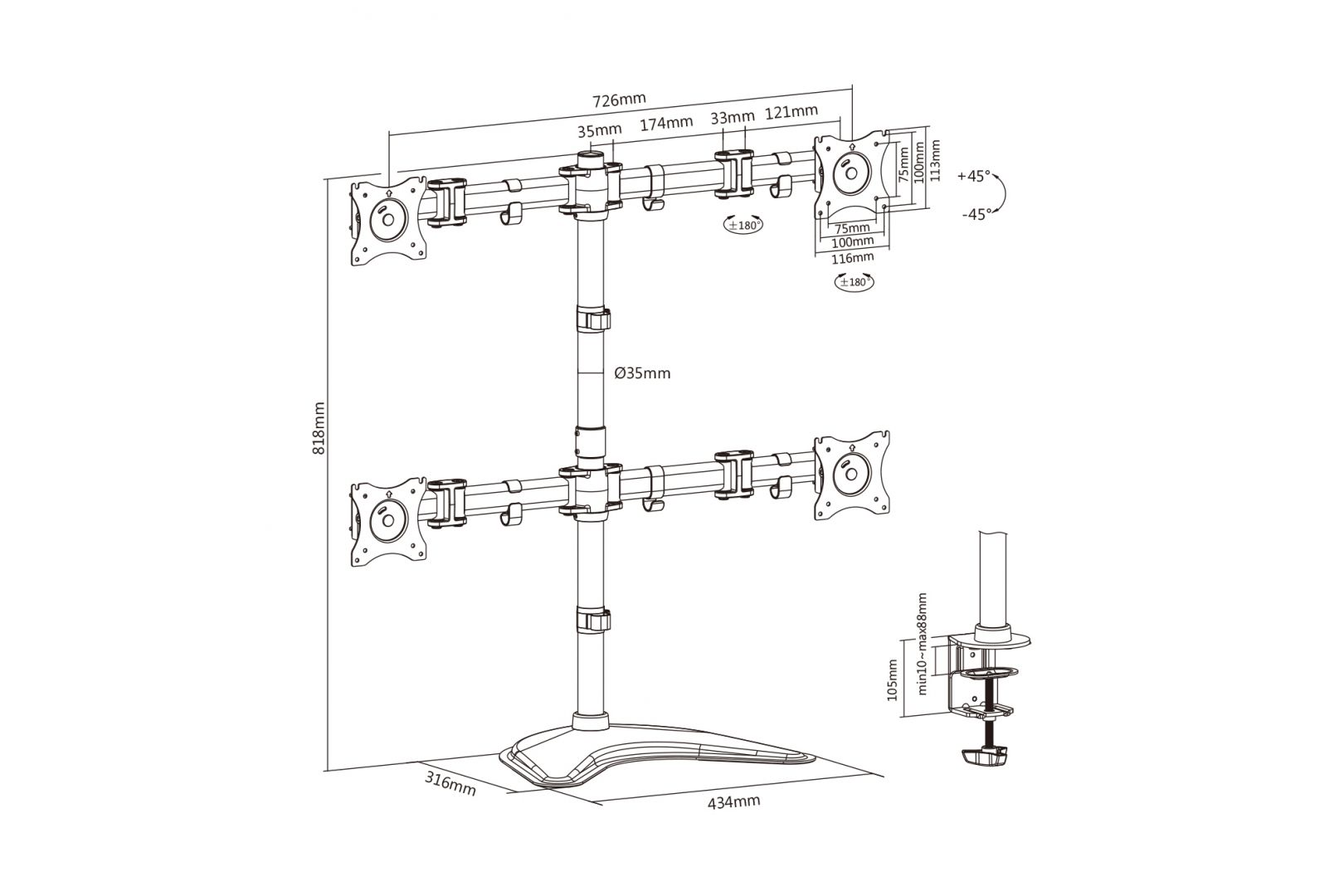 Digitus DA-90364 Universal Quad Monitor Mount Stand/Clamp Option Black