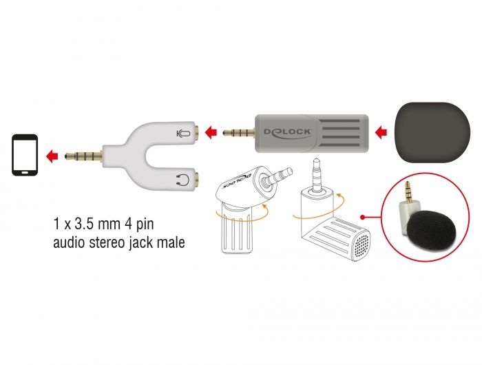 DeLock Condenser Microphone Uni-Directional for Smartphone / Tablet 3.5 mm 4 Pin Stereo Jack 90° angleable Silver