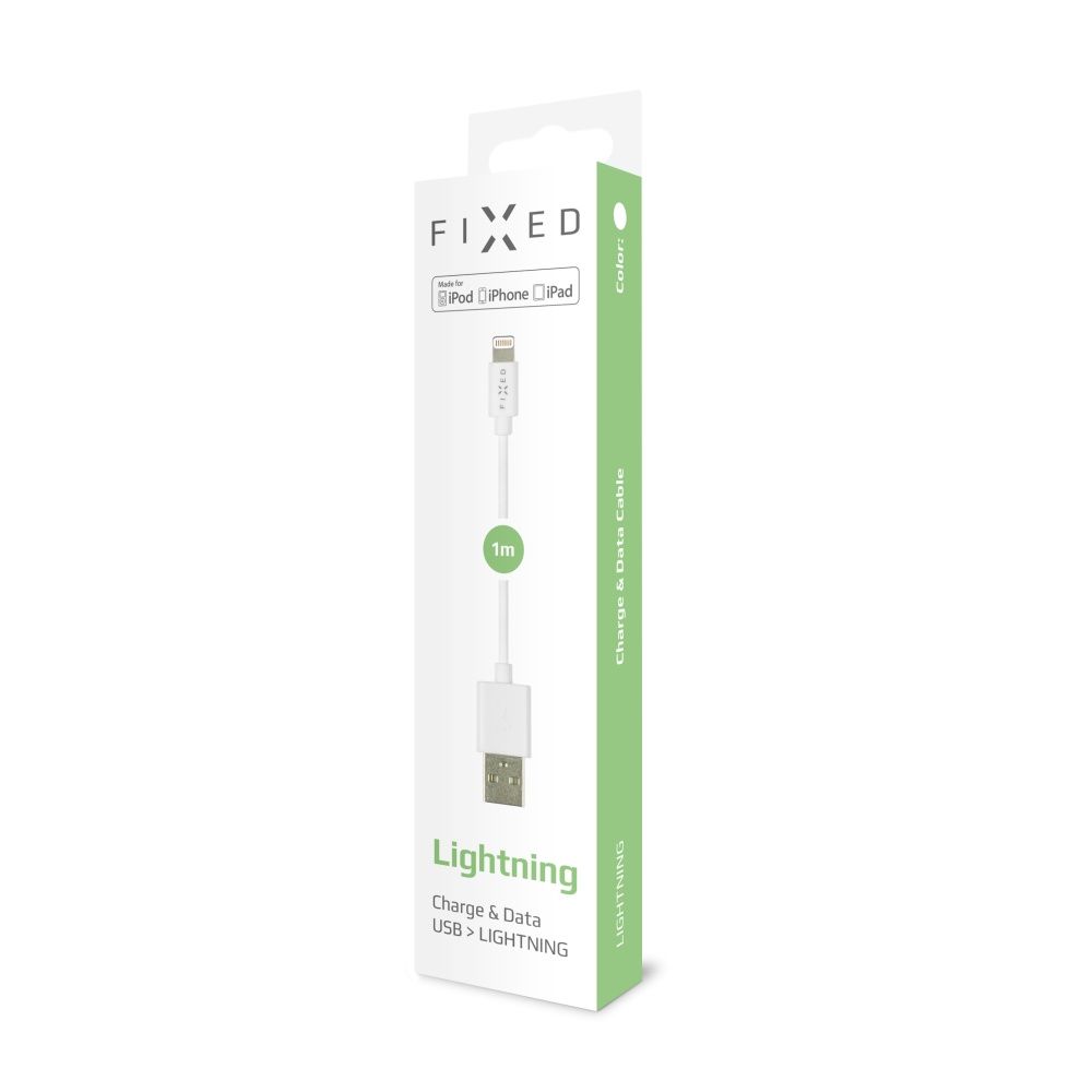 FIXED adat és töltőkábel, USB/Lightning csatlakozók, 1 méter, MFI certified, 20W Fehér