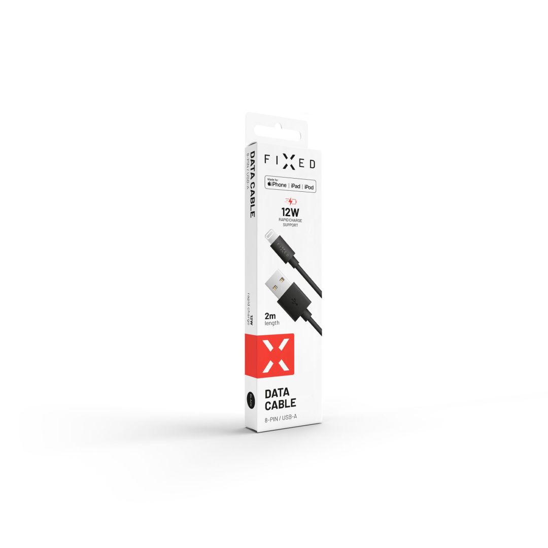 FIXED Long data and charging cable with USB/Lightning connectors, 2 meters, MFI certified, 20W, Fekete