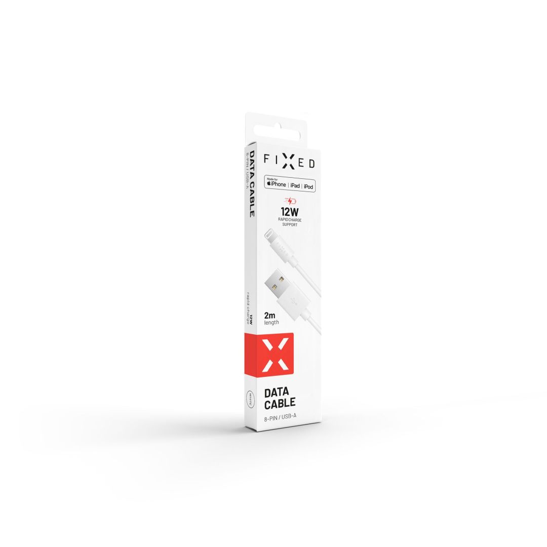 FIXED adat és töltő kábel USB/Lightning csatlakozóval, 2 méter, MFI certified, 20W, Fehér