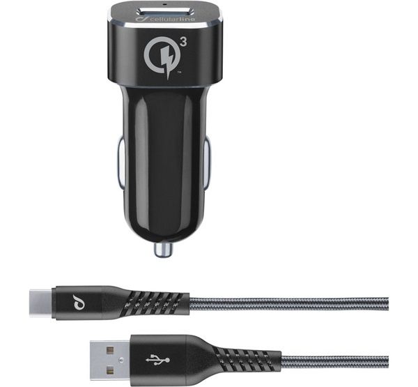 Cellularline Set USB car charger and durable USB-C cable Tetra Force 18W Qualcomm Quick Charge 3.0 Black