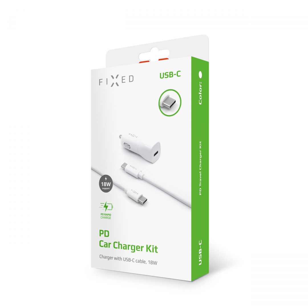 FIXED autós töltő készlet, USB-C kimenet, USB-C/USB-C kábel 1 méteres, PD támogatás 18W, fehér