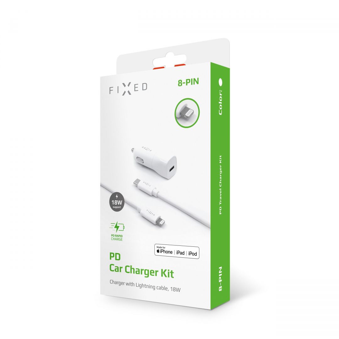 FIXED set of car charger with USB-C output and USB-C/Lightning cable, PD support, 1 meter, MFI, 18W, Fehér