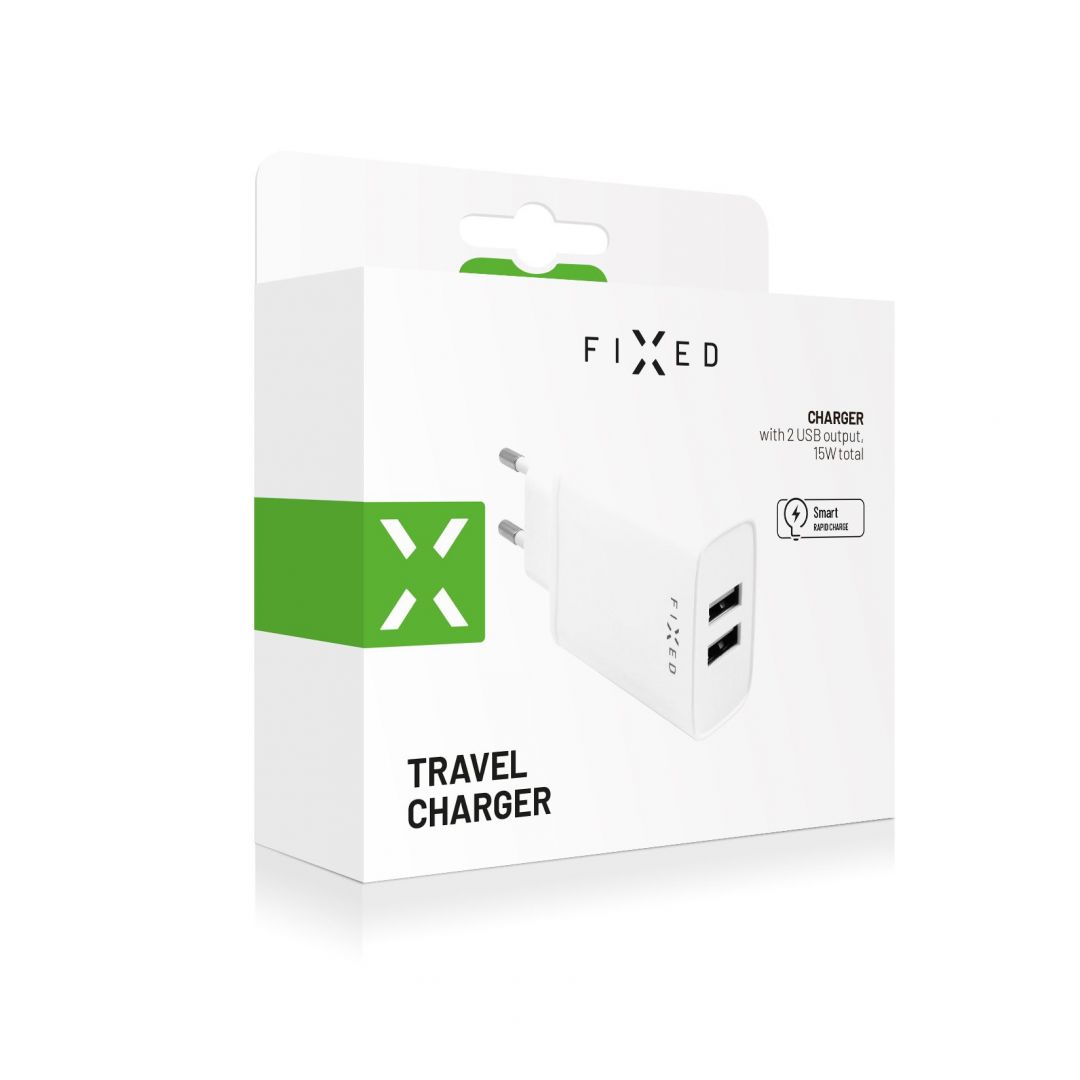 FIXED hálózati USB töltő, 2 db USB kimenet, 15W Smart gyors töltés, Fehér