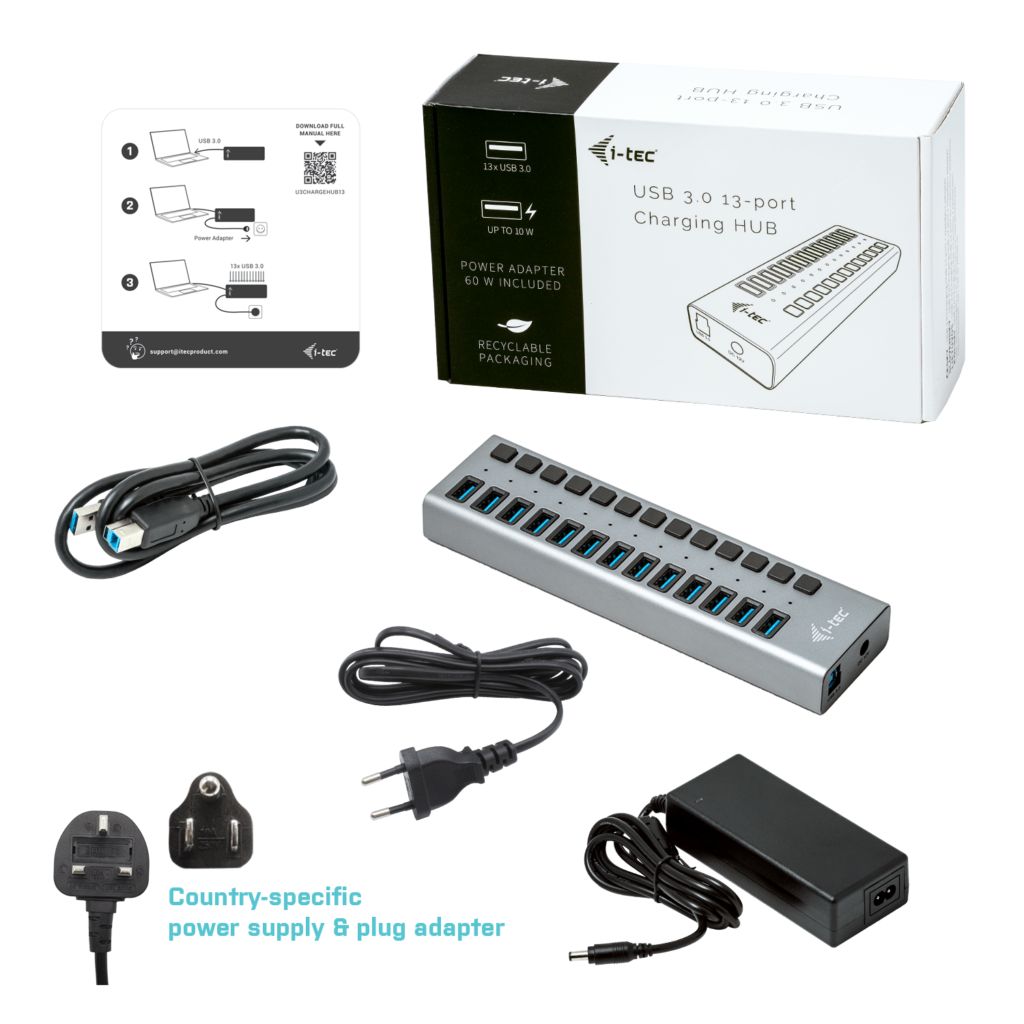 I-TEC 13 port USB 3.0 Charging Hub+Power Adapter 60W Grey