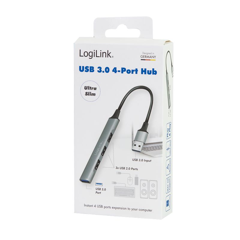 Logilink USB 3.0 4-port slim hub with aluminum casing Grey