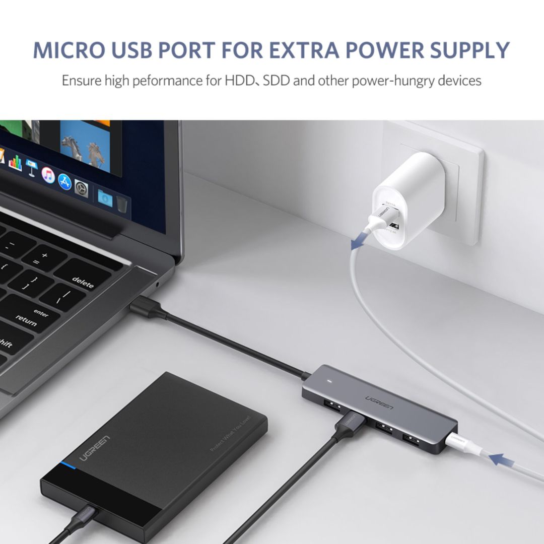 UGREEN 4-Port USB3.0 Hub with USB-C Power Supply