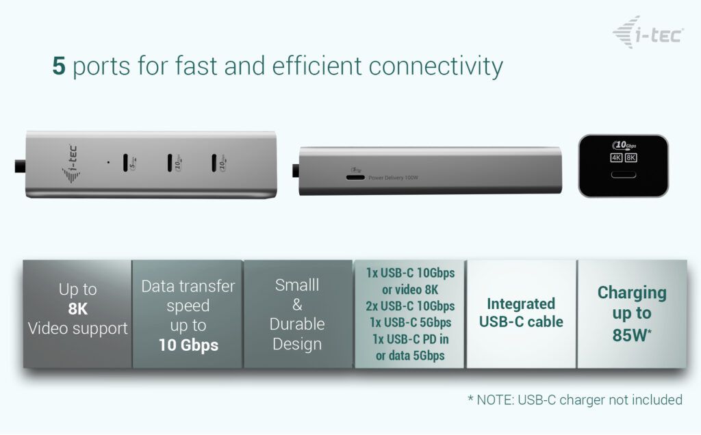 I-TEC USB-C Charging Metal HUB 5port with USB-C video 8K + Power Delivery 85W