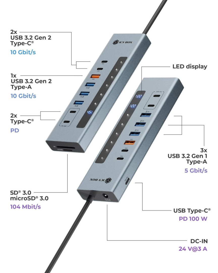 Raidsonic IcyBox IB-HUB1742CR-C2PD 11-portos USB3.2 HUB Black