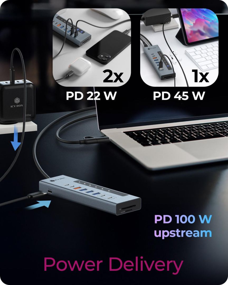 Raidsonic IcyBox IB-HUB1742CR-C2PD 11-portos USB3.2 HUB Black