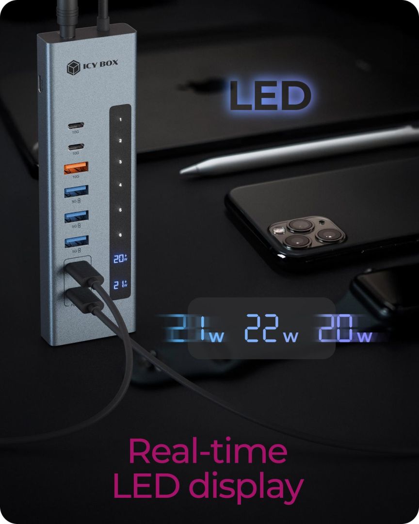 Raidsonic IcyBox IB-HUB1742CR-C2PD 11-portos USB3.2 HUB Black