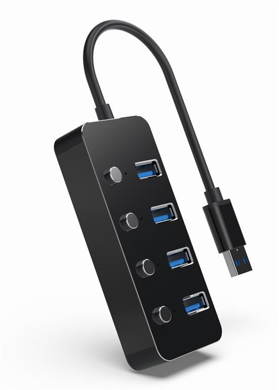 Gembird UHB-U3P4P-01 USB 3.1 (Gen 1) powered 4-port hub with switches Black
