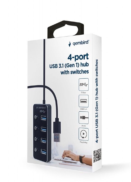Gembird UHB-U3P4P-01 USB 3.1 (Gen 1) powered 4-port hub with switches Black