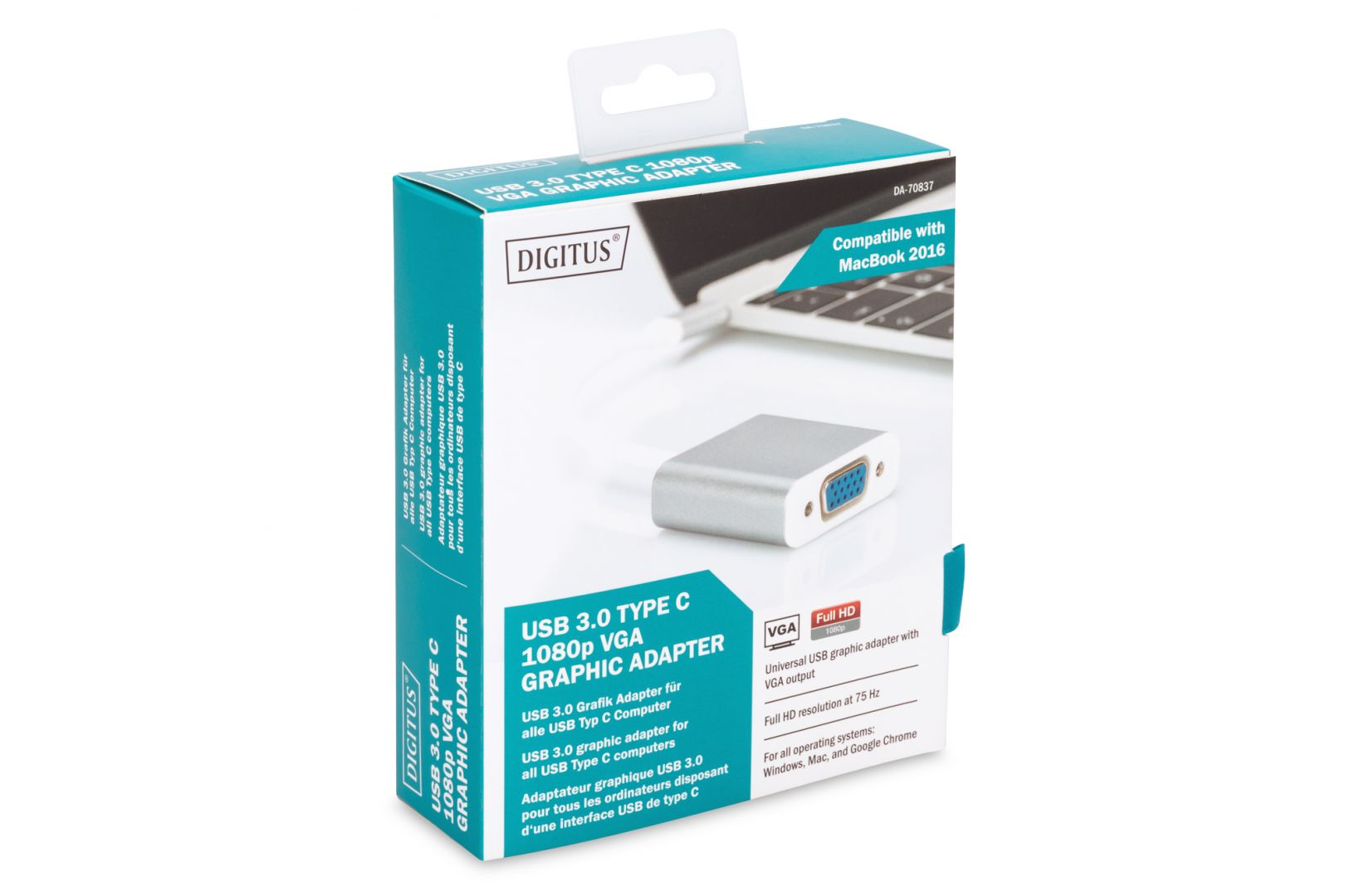 Digitus USB Type-C 1080p VGA Adapter, 20cm cable length Grey