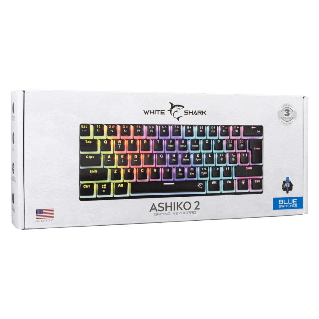 White Shark Ashiko 2 Blue Switches Mechanical 60% Gaming Keyboard Black US