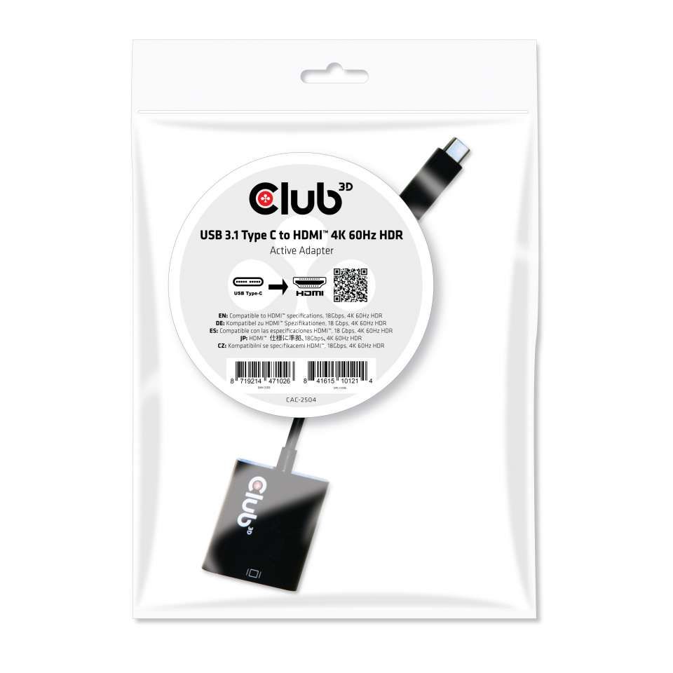 Club3D USB 3.1 Type C to HDMI 2.0 UHD 4K 60Hz Active Adapter