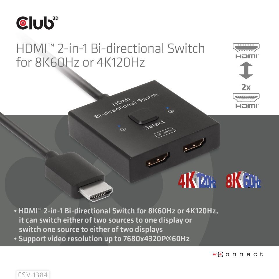 Club3D HDMI 2-in-1 Bi-directional Switch for 8K60Hz or 4K120Hz Adapter Black