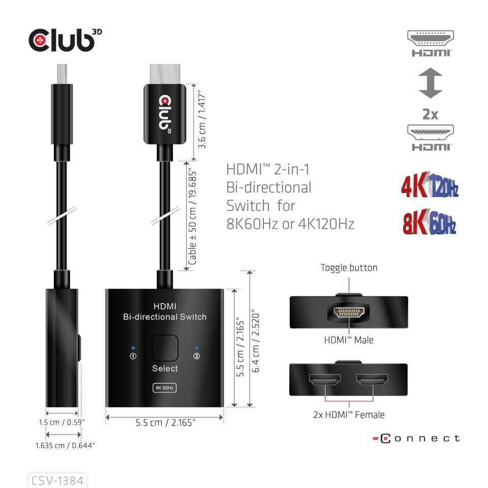 Club3D HDMI 2-in-1 Bi-directional Switch for 8K60Hz or 4K120Hz Adapter Black