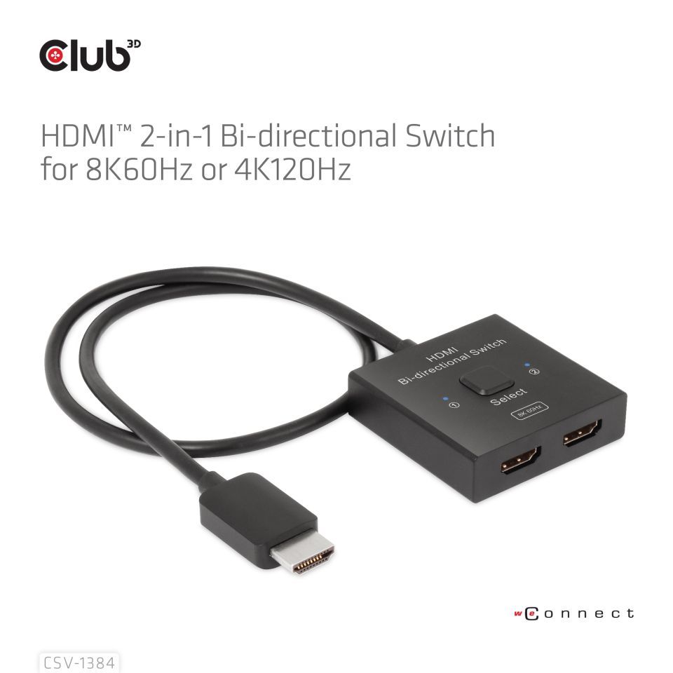 Club3D HDMI 2-in-1 Bi-directional Switch for 8K60Hz or 4K120Hz Adapter Black