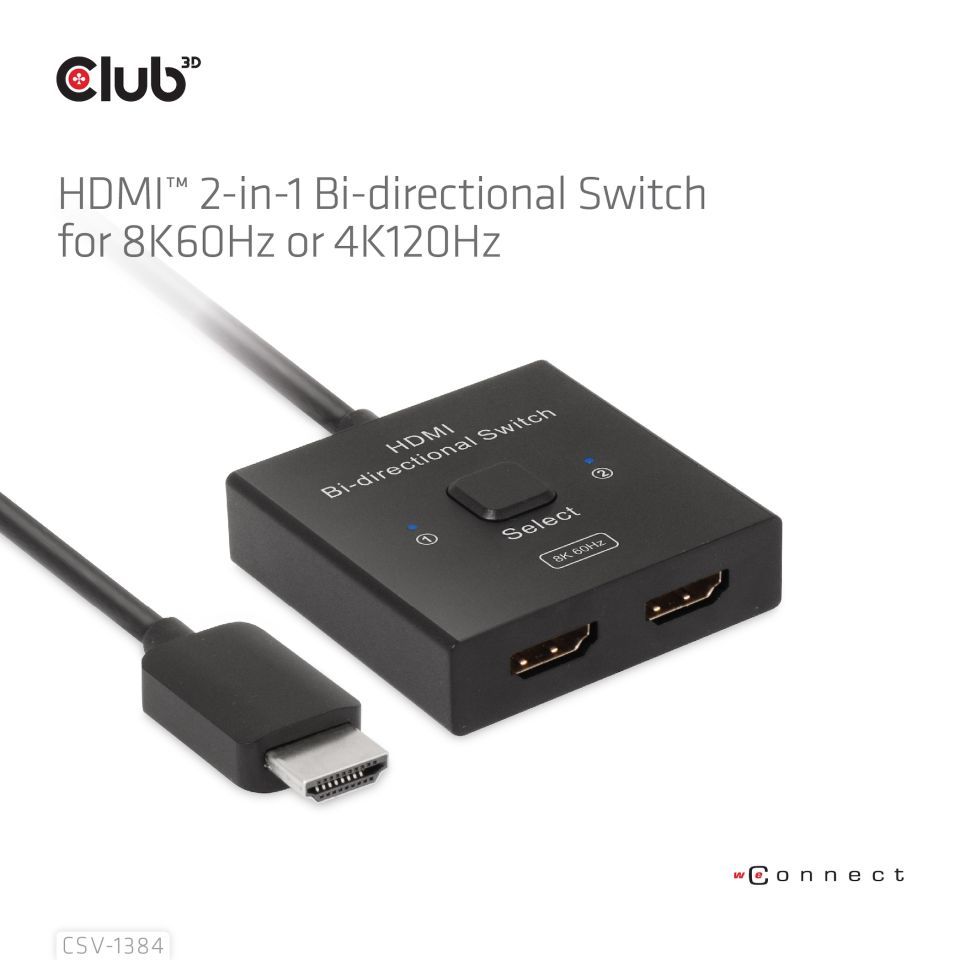 Club3D HDMI 2-in-1 Bi-directional Switch for 8K60Hz or 4K120Hz Adapter Black